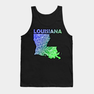 Colorful mandala art map of Louisiana with text in blue and green Tank Top